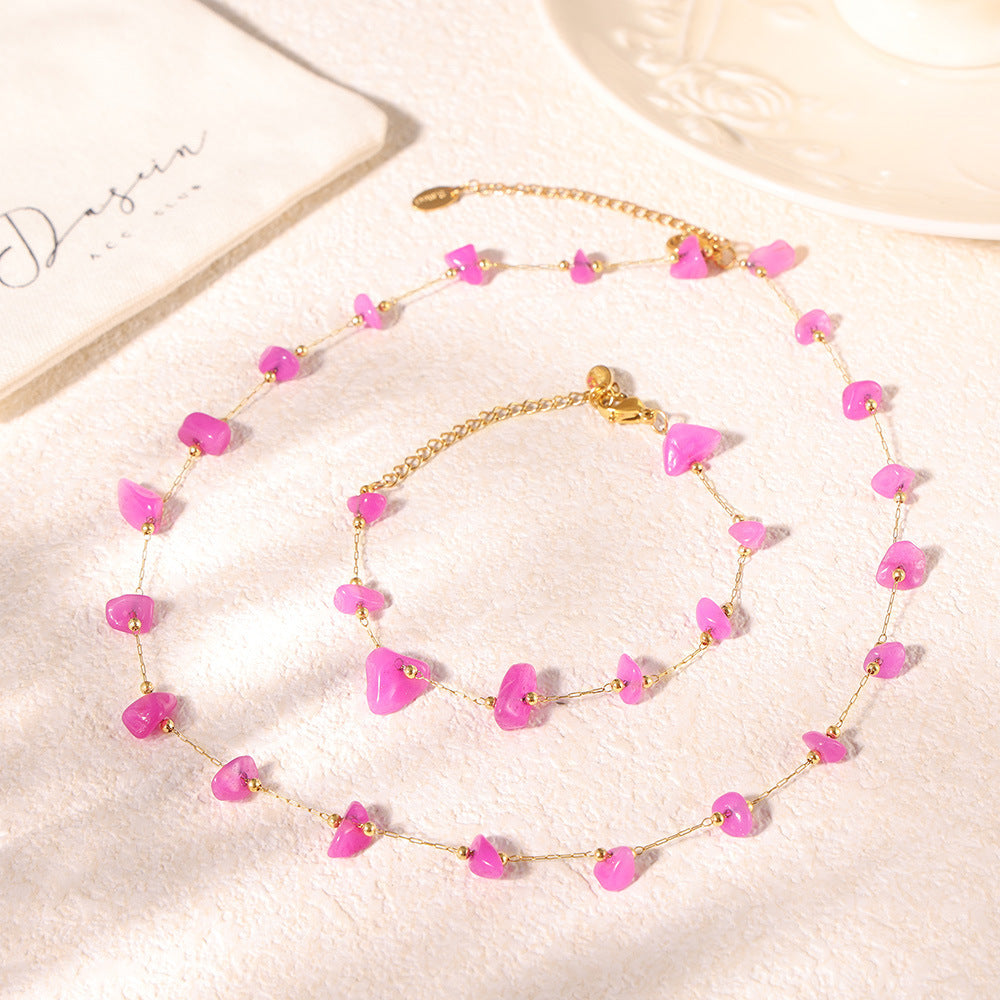 Light luxury bohemian pink natural stone handmade collarbone necklace bracelet stainless steel women's set