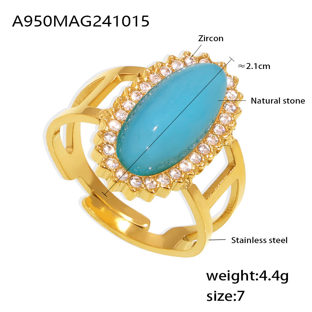 Jewelry 3A zircon inlaid natural stone open ring titanium steel plated 18K gold adjustable ring jewelry spot supply
