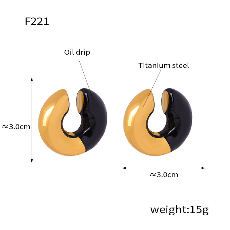 New exaggerated personality fashion versatile titanium steel gold-plated geometric U-shaped striped enamel drip earrings jewelry