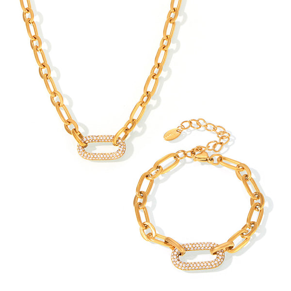 Titanium steel jewelry stainless steel micro-inlaid zircon collarbone necklace bracelet simple and exquisite set tide