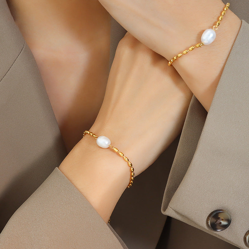 Freshwater pearl splicing rice bead temperament metal chain bracelet neutral wind personality non-fading girlfriend jewelry