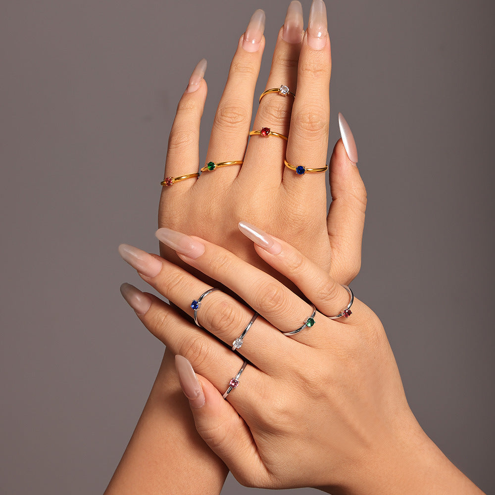 Single-claw zircon ring PVD electroplated stainless steel opening adjustment light luxury index finger ring spot 99