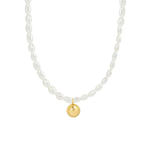 Elegant Lady Style Design Freshwater Pearl Steel Ball Pendant Necklace Titanium Steel Plated 18K Gold Clavicle Chain pp
