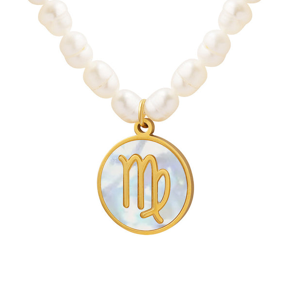 Constellation versatile necklace light luxury does not fade trend freshwater pearl chain inlaid with color shell titanium steel round brand pendant jewelry