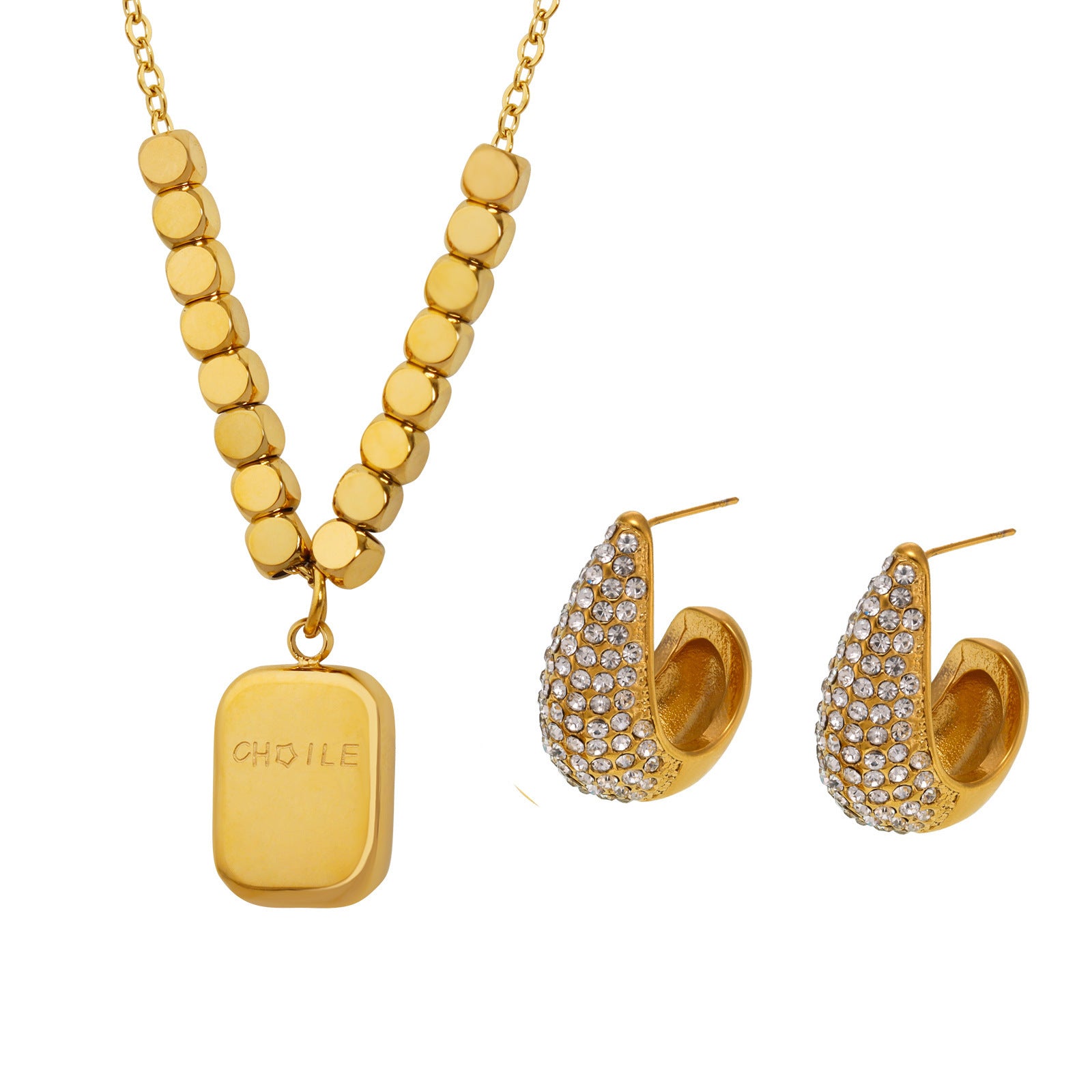 Water drop diamond earrings French small square engraving English square brand pendant necklace daily accessories women
