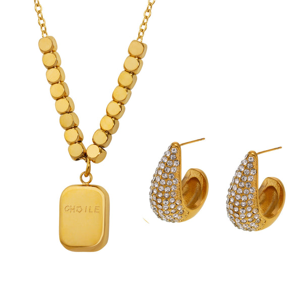 Water drop diamond earrings French small square engraving English square brand pendant necklace daily accessories women
