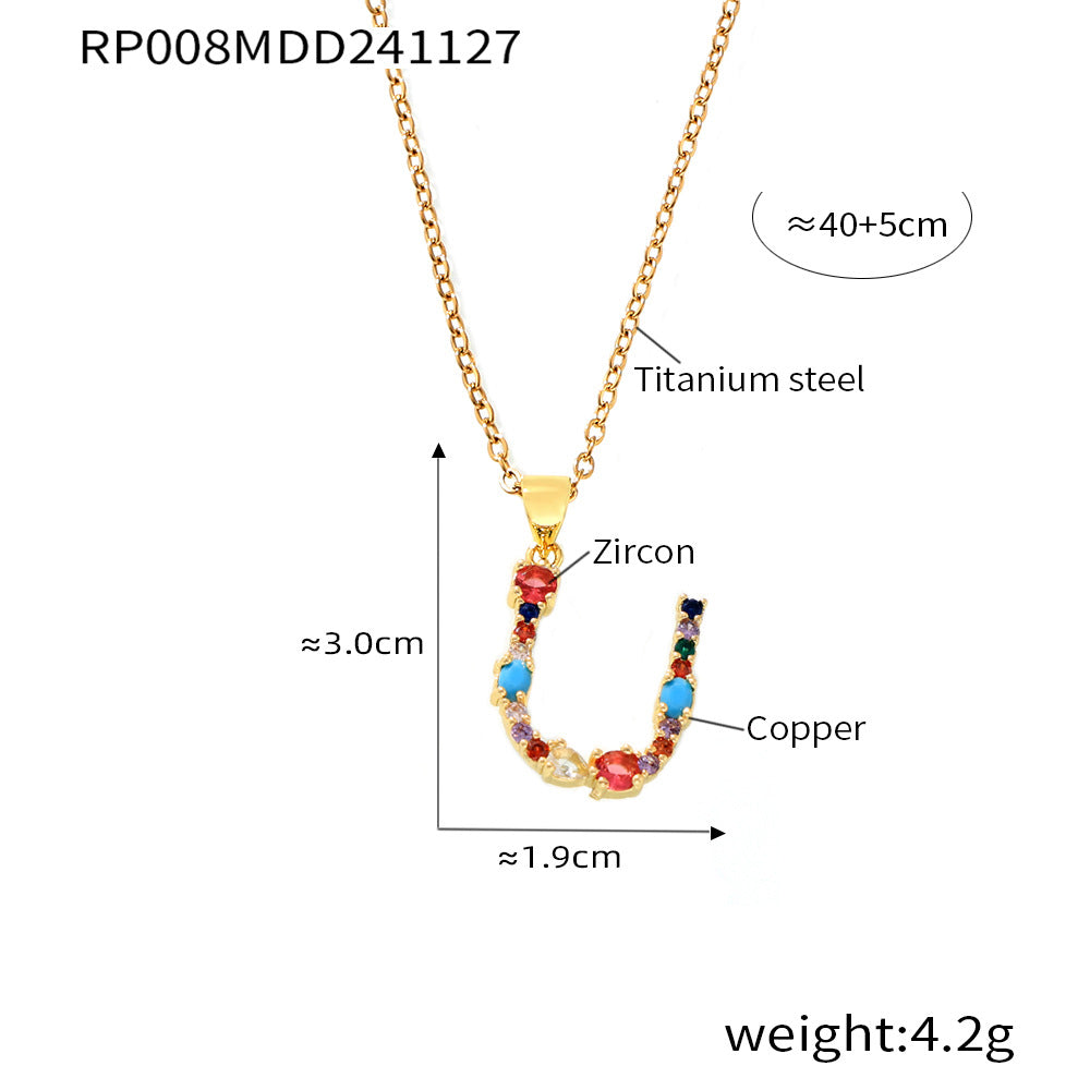 European and American cross-border copper micro-inlaid colored zircon 26 English letters personalized individual pendant niche hip-hop collarbone chain pp