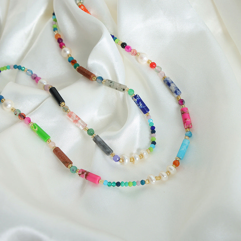 Medieval new high-end fashion retro light luxury natural stone freshwater pearl handmade beaded necklace jewelry women