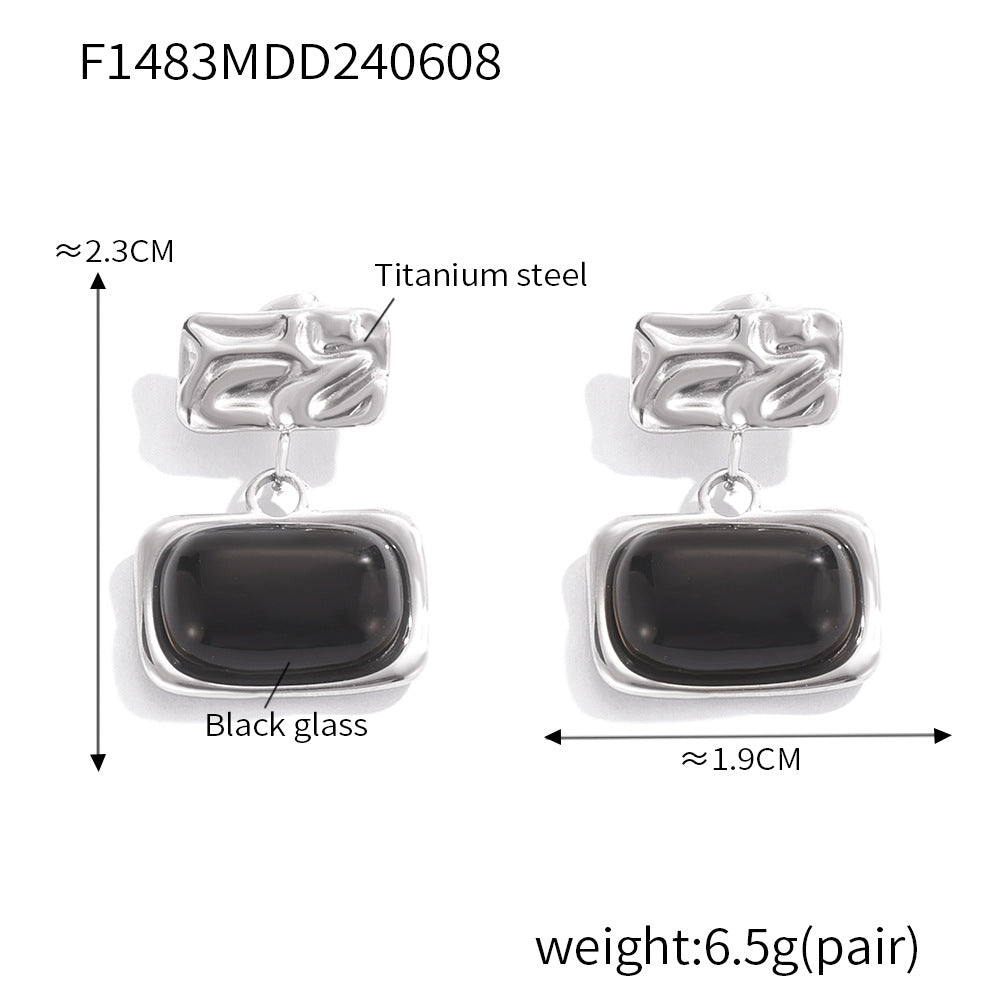 Wind retro niche pleated texture square brand earrings inlaid with black glass design titanium steel gold-plated earrings