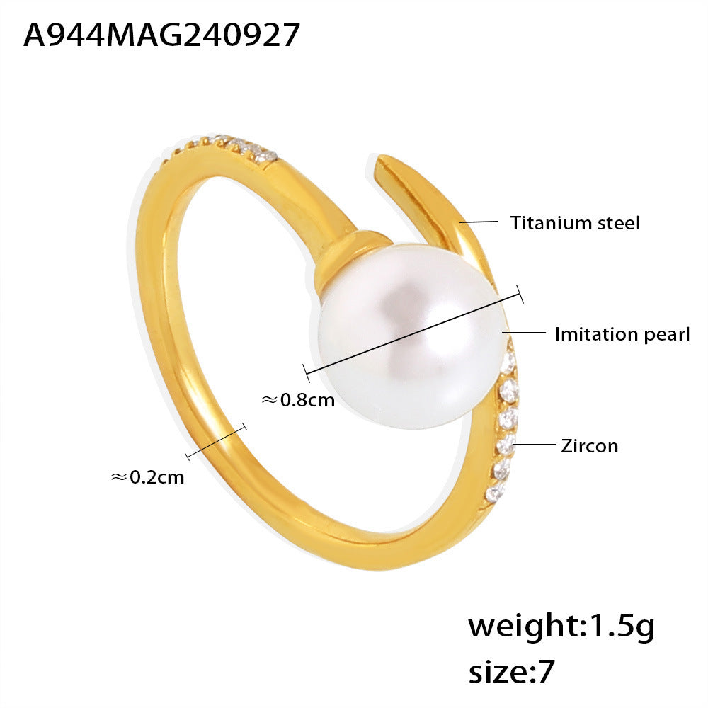 Exquisite and elegant micro-inlaid zircon Shijia pearl open ring for women, niche light luxury titanium steel ring jewelry wholesale 99