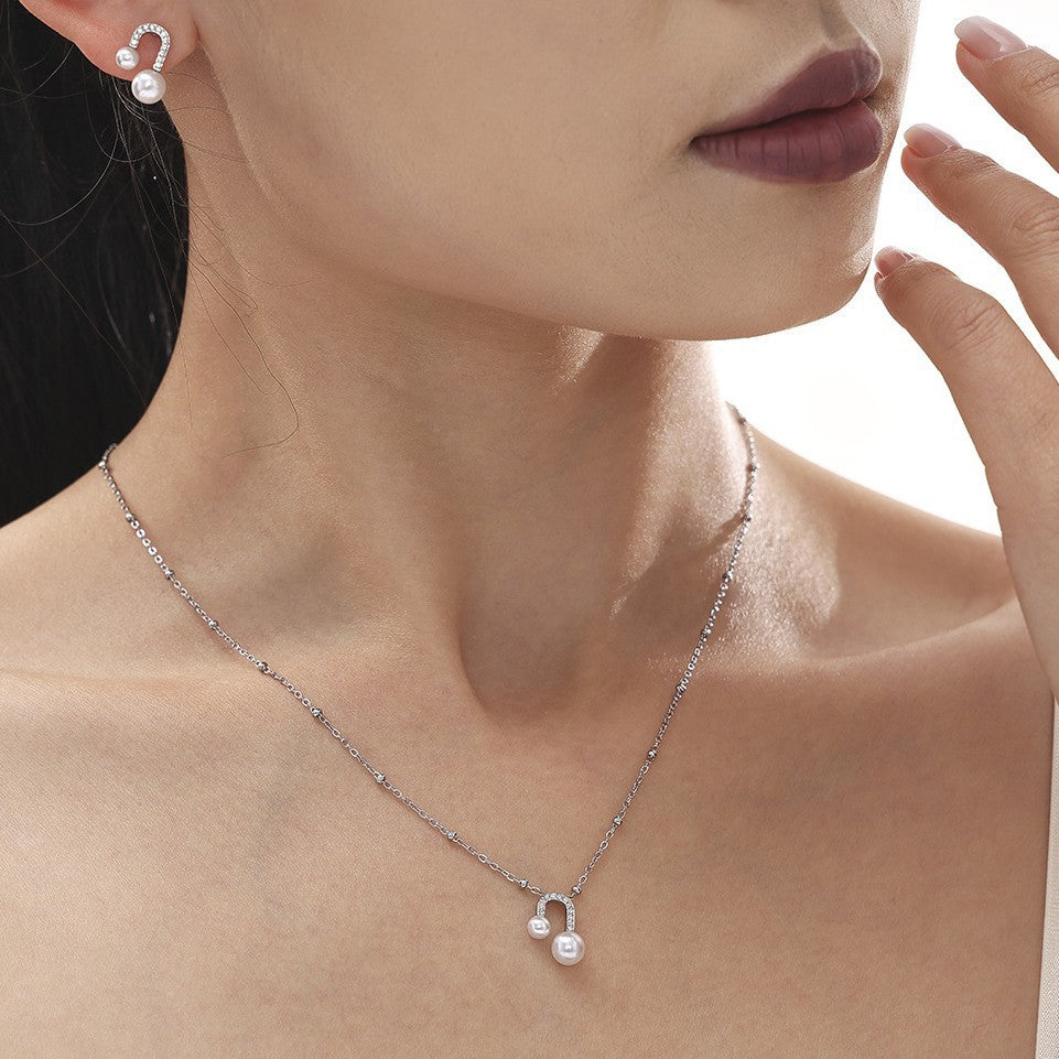 U-shaped bead zircon necklace stud earrings niche design sense light luxury fashion clavicle chain earrings titanium steel set