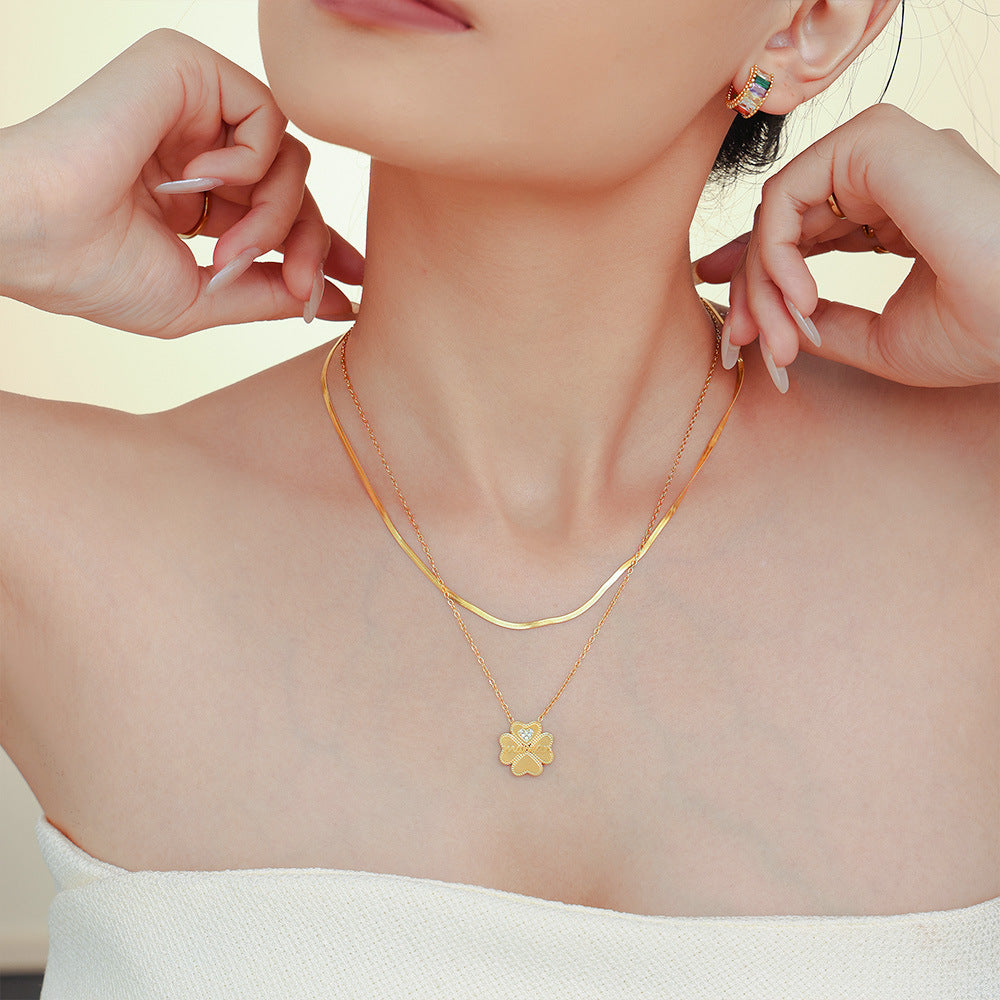 Love letter maman micro-inlaid zircon four-leaf flower double-layer collarbone necklace titanium steel temperament jewelry spot