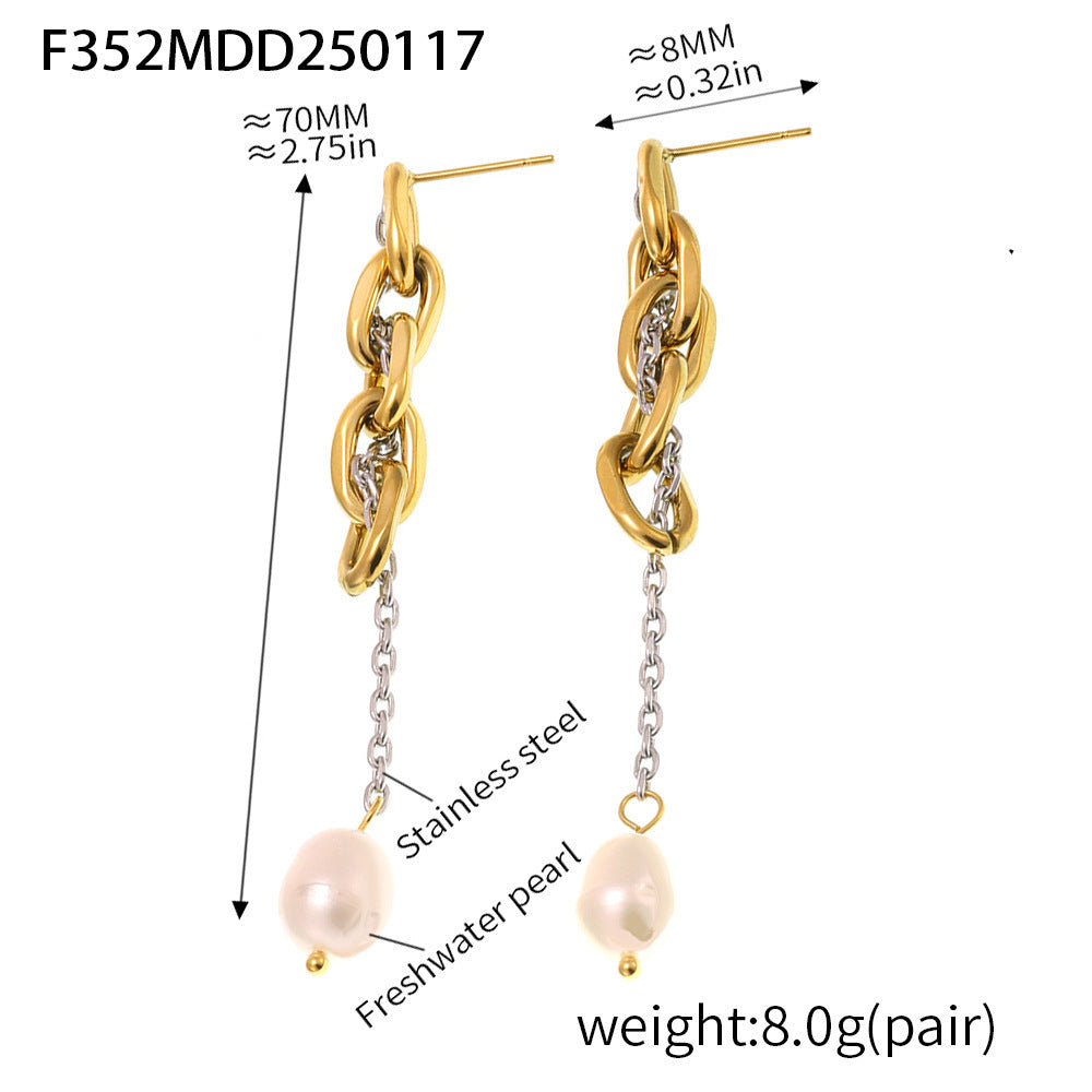 Chain fringed freshwater pearl earrings fashionable cold wind earrings stainless steel plated 18K real gold jewelry tide