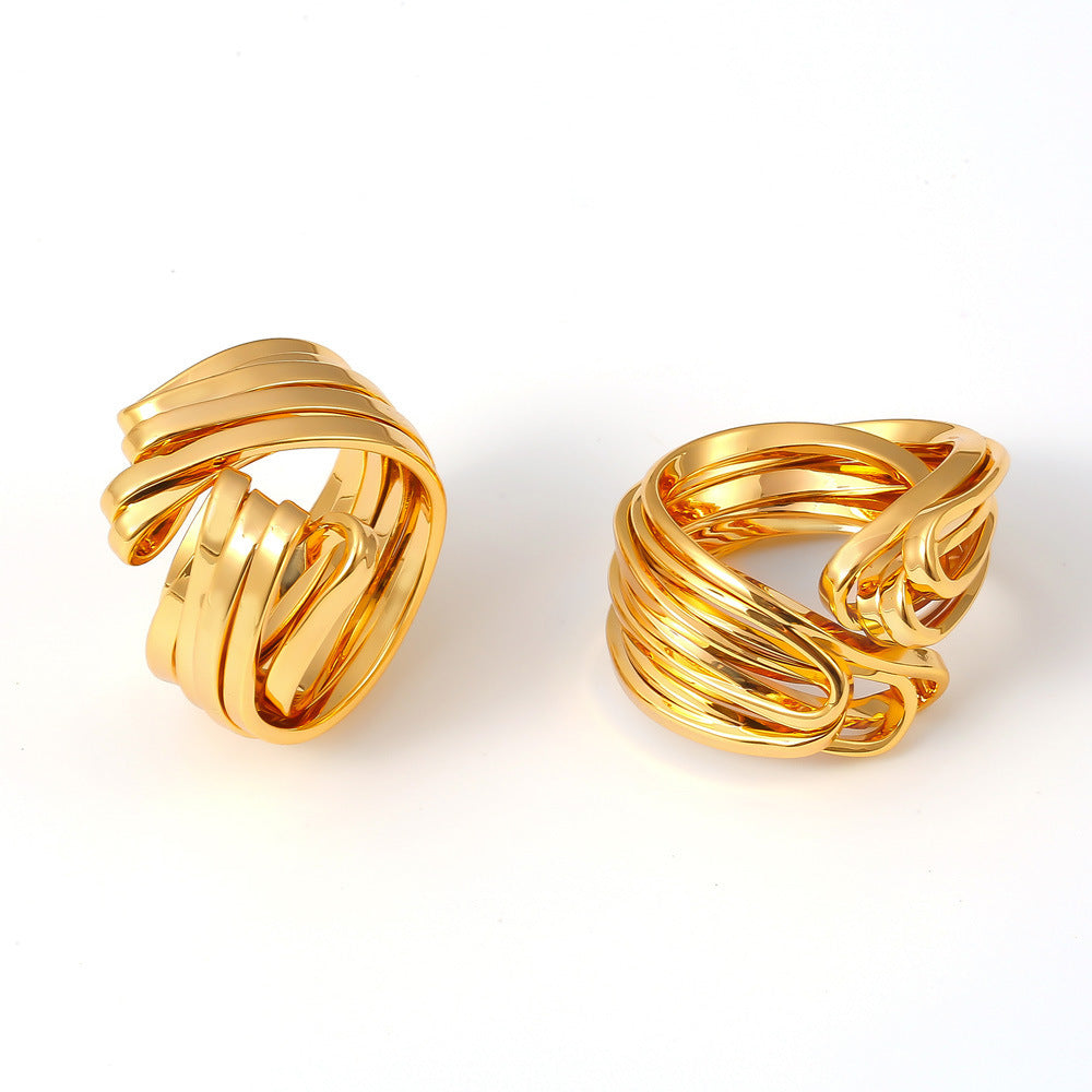 Folded hollow line splicing ring copper plated with 18k real gold does not fade cold wind opening ring pp