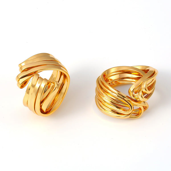 Folded hollow line splicing ring copper plated with 18k real gold does not fade cold wind opening ring pp