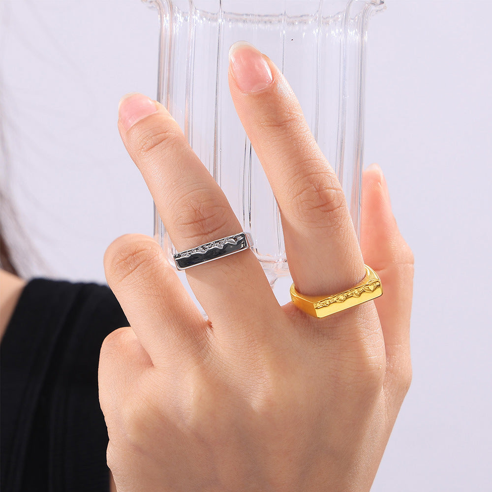 Elegant and simple temperament square jewelry personalized texture mountain wave design titanium steel ring pp