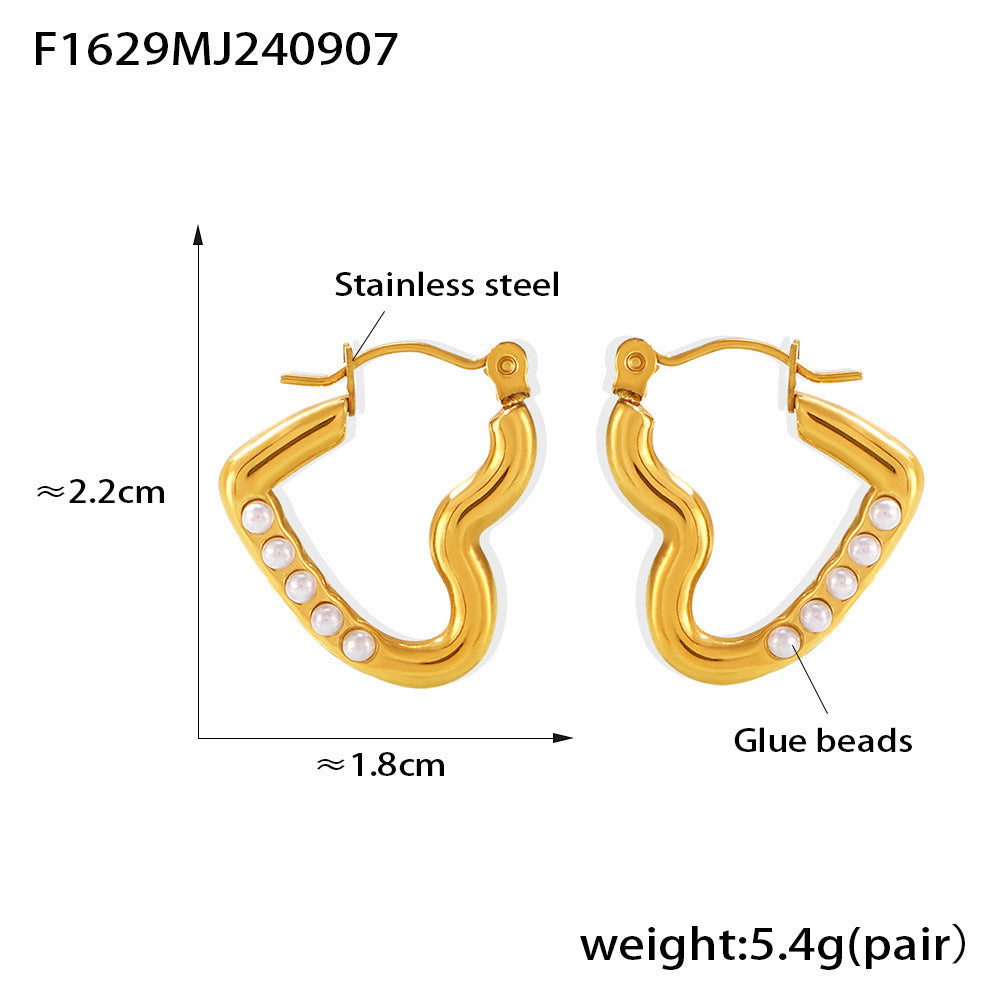 Niche heart-shaped imitation pearl earrings stainless steel 18k gold-plated light luxury stud earrings simple earrings spot women