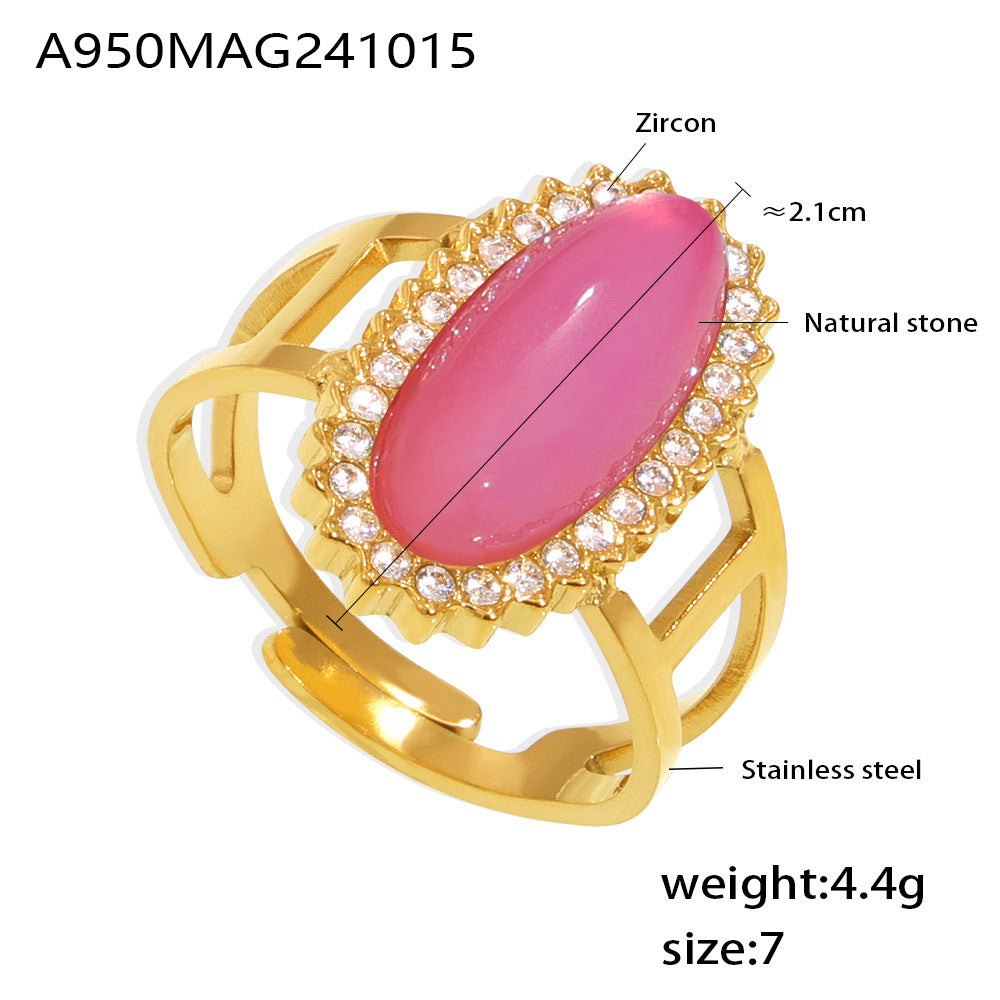 Jewelry 3A zircon inlaid natural stone open ring titanium steel plated 18K gold adjustable ring jewelry spot supply
