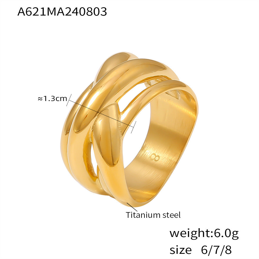 Wind light luxury irregular lines staggered wound titanium steel ring retro versatile 18k gold plated ring