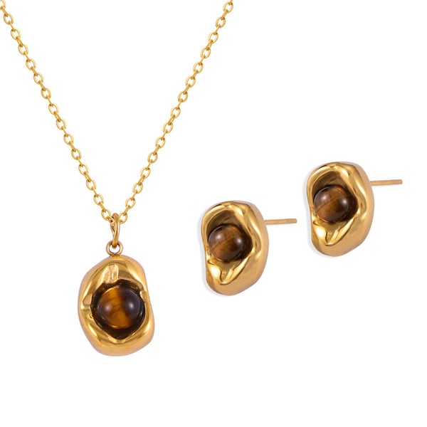 Retro niche jewelry sunken oval brand inlaid tiger's eye design pendant titanium steel jewelry set
