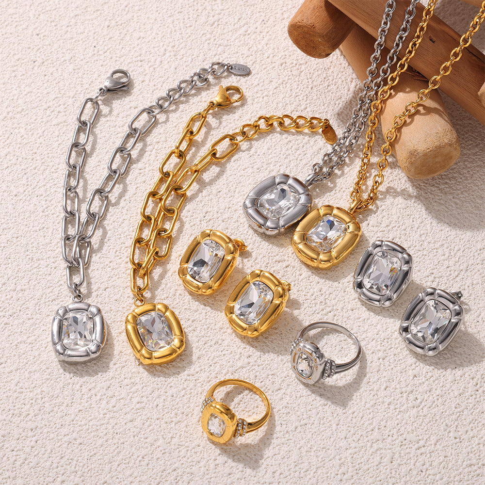 Retro light luxury simple cold wind jewelry texture oval brand diamond design titanium steel jewelry set 99