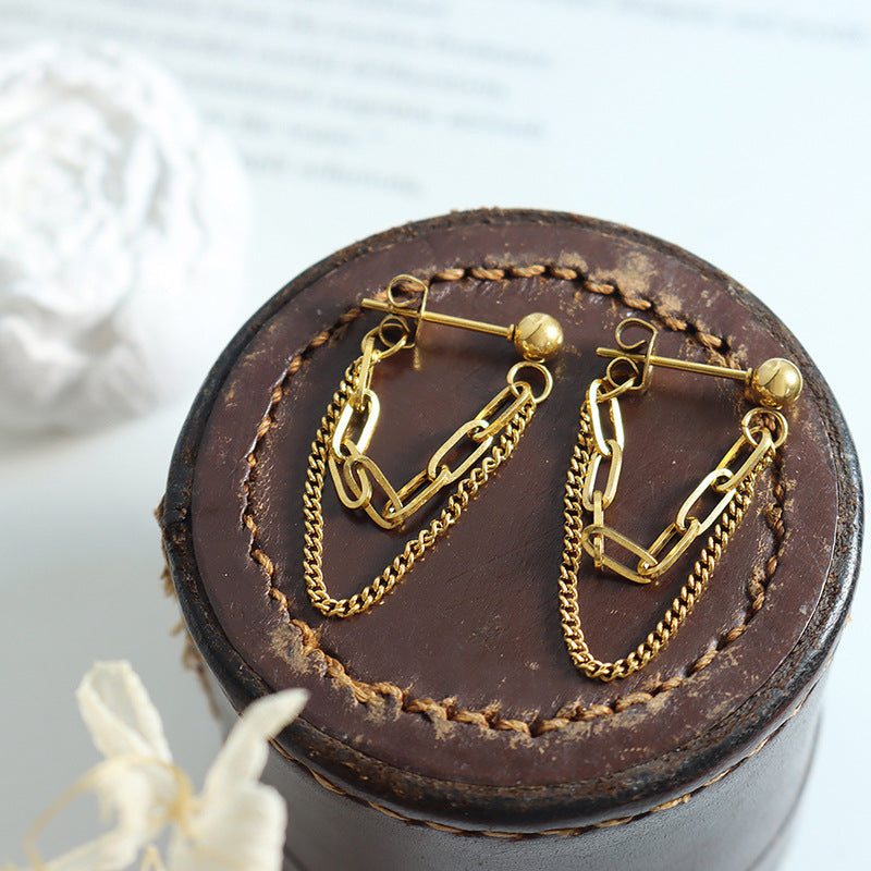 Trendy non-fading fringed double-layer chain earrings titanium steel gold-plated studs wholesale F317