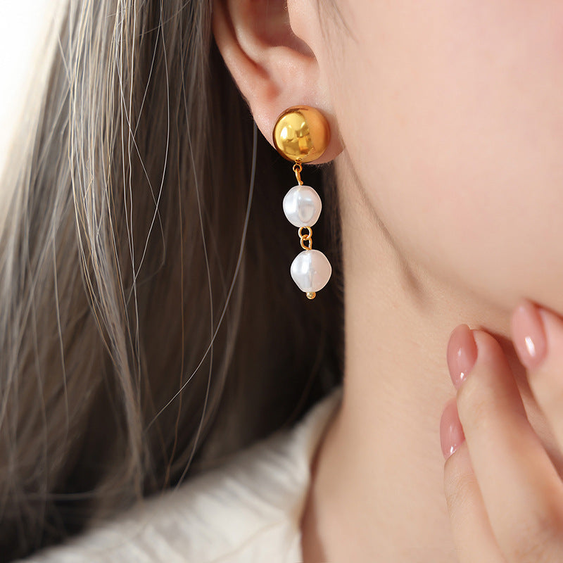 Cold wind temperament elegant steel ball fringed high-gloss bead design sense versatile titanium steel gold-plated earrings pp