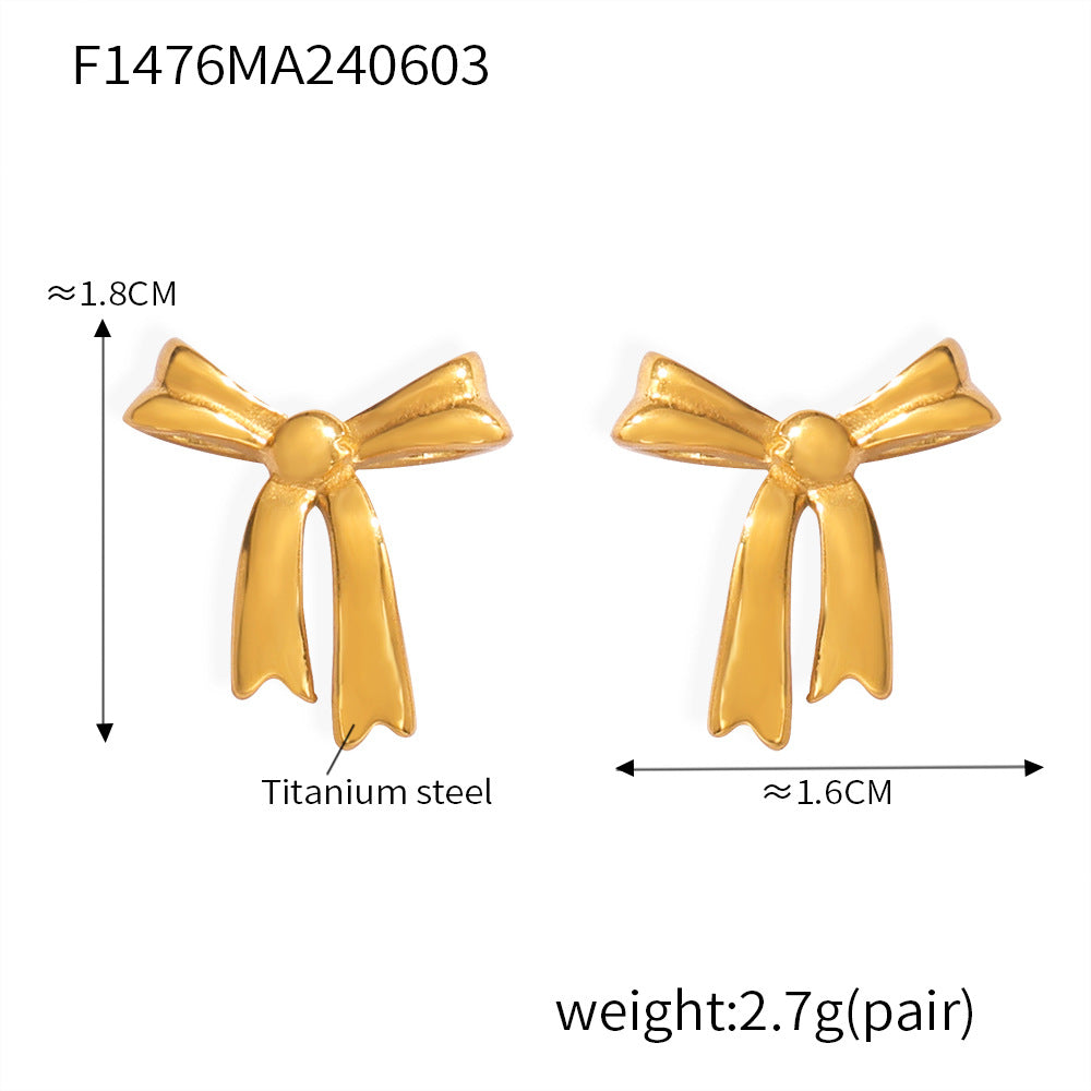 Simple, fresh and elegant, personalized design jewelry, geometric bow shape, titanium steel gold-plated versatile stud earrings