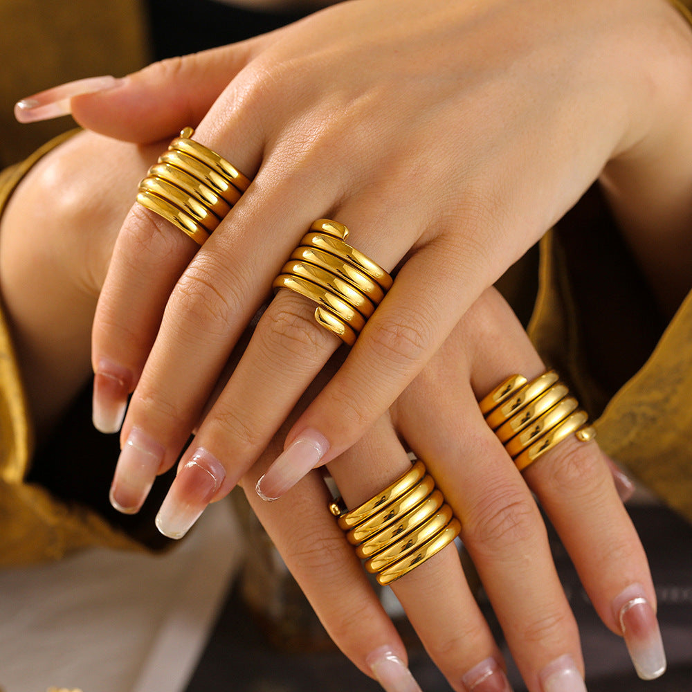 Niche design multi-layer winding wide version ring women's light luxury texture stainless steel plated 18k gold ring
