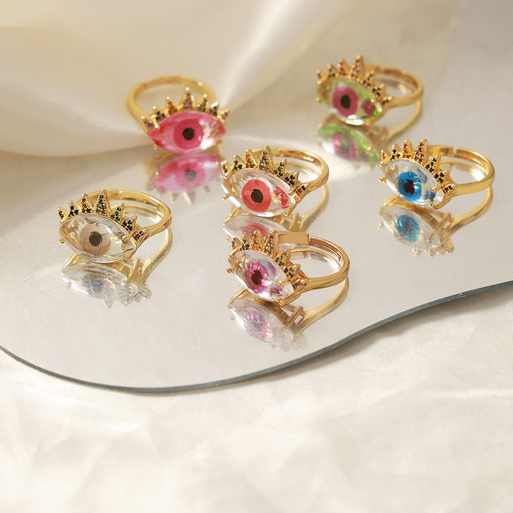 New retro light luxury copper material devil's eye inlaid zircon opening adjustable ring jewelry women's wholesale
