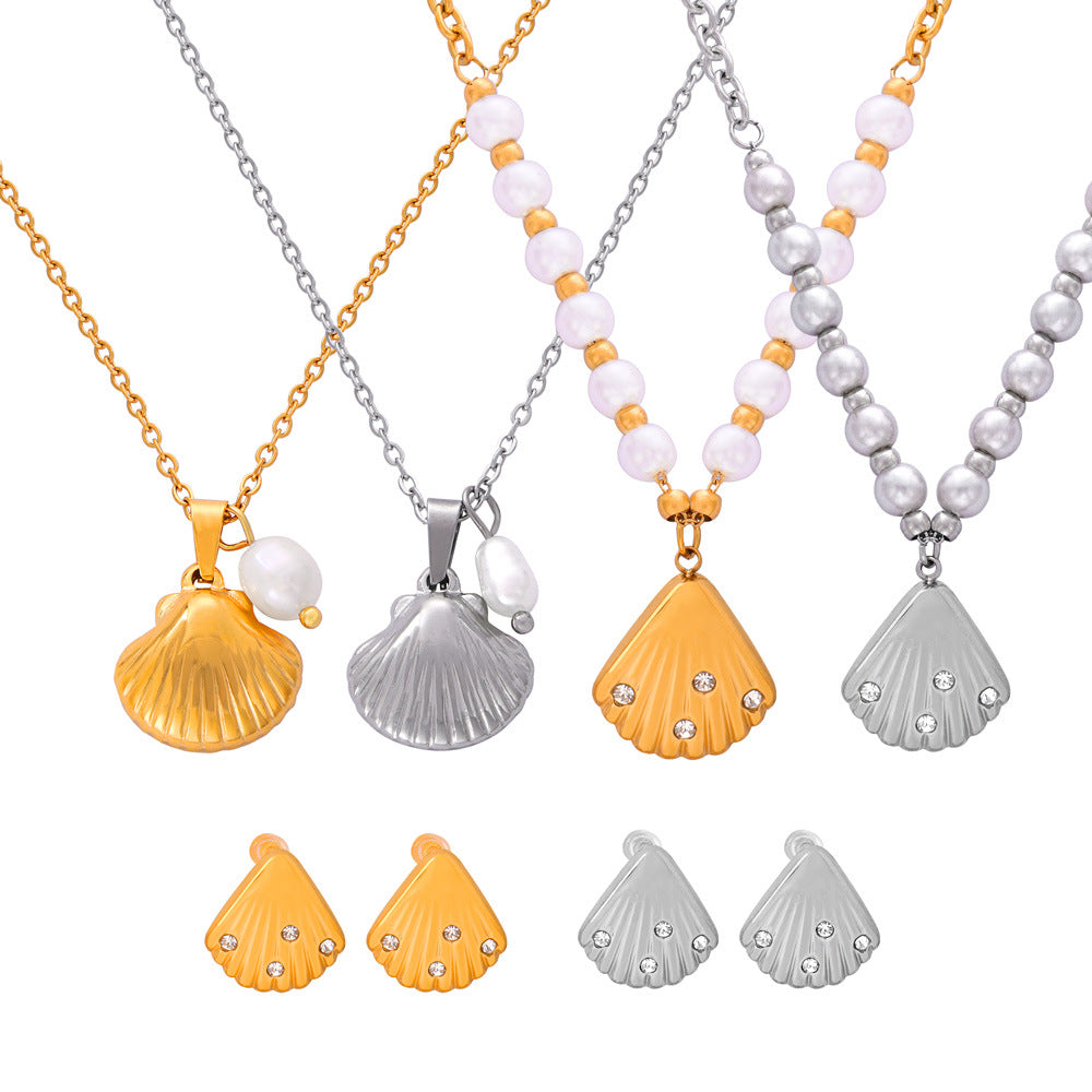 Personalized casual style jewelry with diamond shell shape design sense pendant, freshwater pearl titanium steel jewelry set pp
