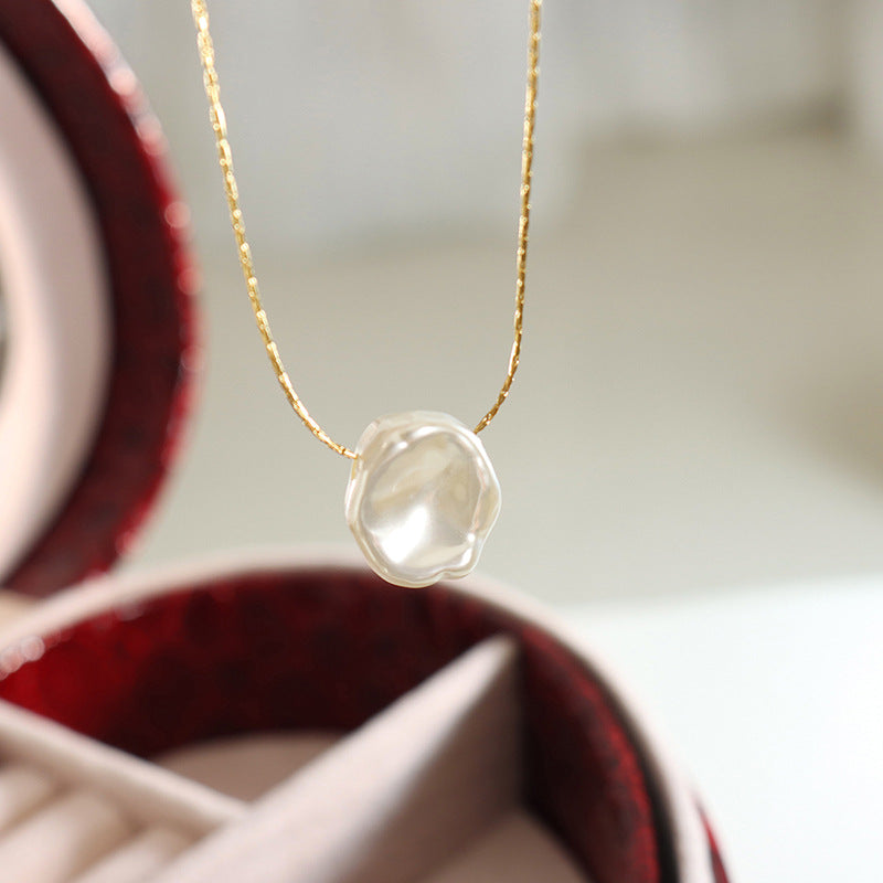 Niche design special-shaped plastic pearl pendant necklace female, titanium steel gold-plated vertical chain cold wind jewelry