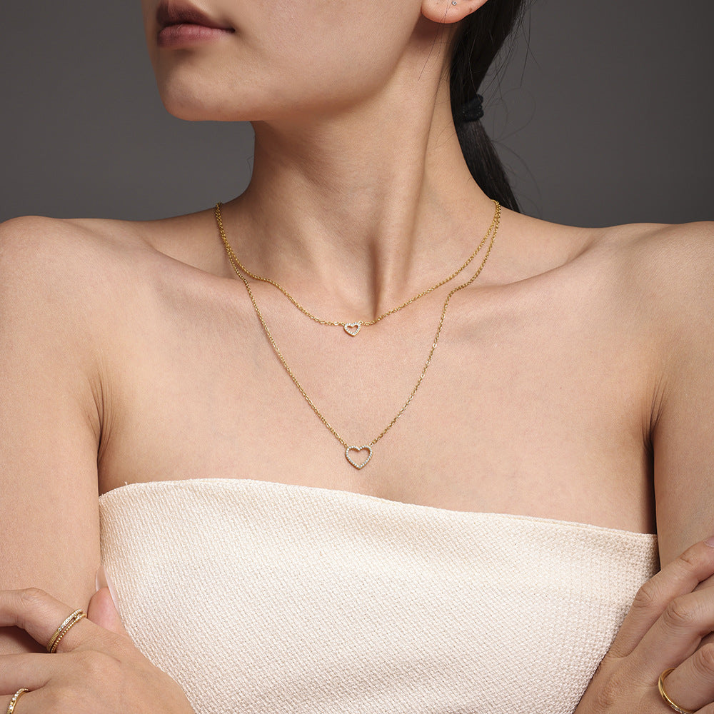 Hot-selling British niche design double-layer necklace female love zirconium embedded impermeable steel pp