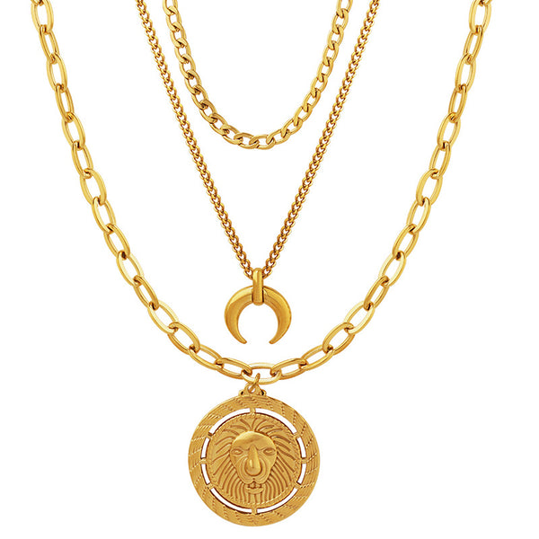 Hip-hop three-layer stacked necklace moon lion round brand pendant collarbone chain titanium steel plated 18K gold jewelry pp