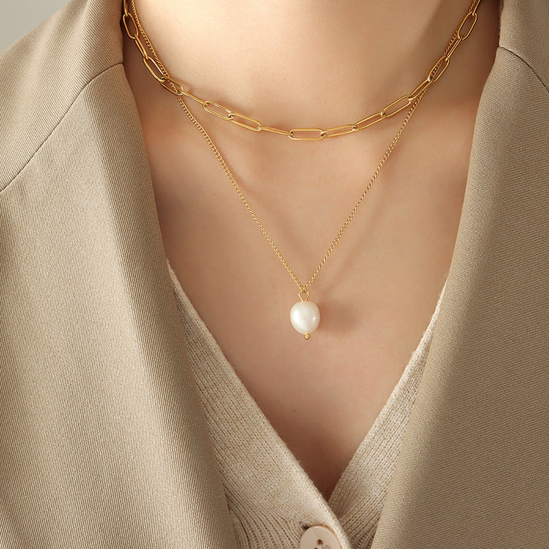 Trend cold wind freshwater pearl pendant multi-layer stacked necklace women's titanium steel collarbone neck chain P79199