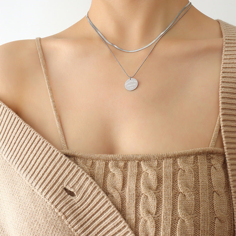 Niche Versatile Temperament Sweater Chain, English Letter Round Brand Pendant Double Chain Titanium Steel Gold Plated Necklace