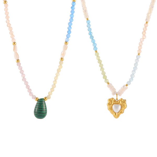 Chic style malachite love inlaid pearl pendant titanium steel plated 18k real gold string natural stone necklace wholesale