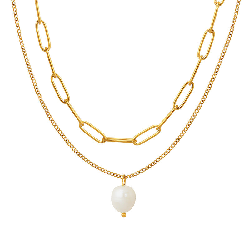 Trend cold wind freshwater pearl pendant multi-layer stacked necklace women's titanium steel collarbone neck chain P79199
