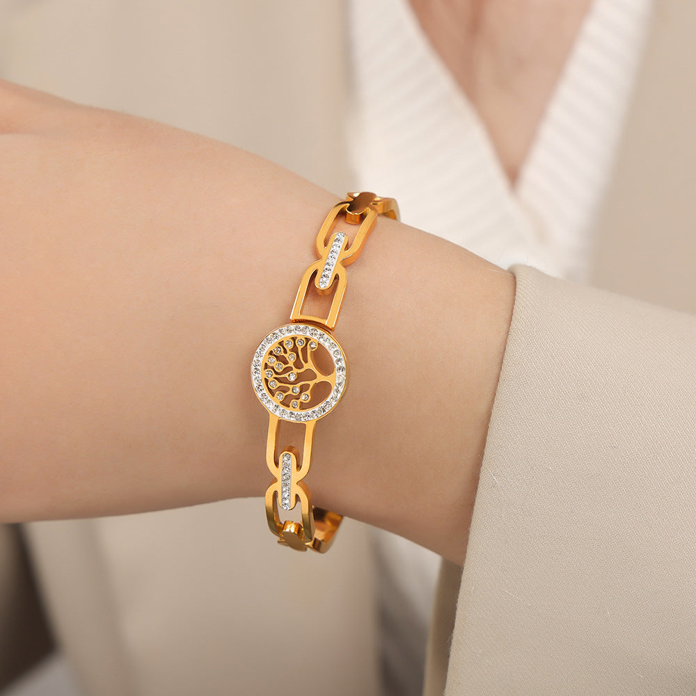 New retro style fashion personalized design titanium steel gold-plated diamond-encrusted tree of the world buckle bracelet jewelry wholesale female pp