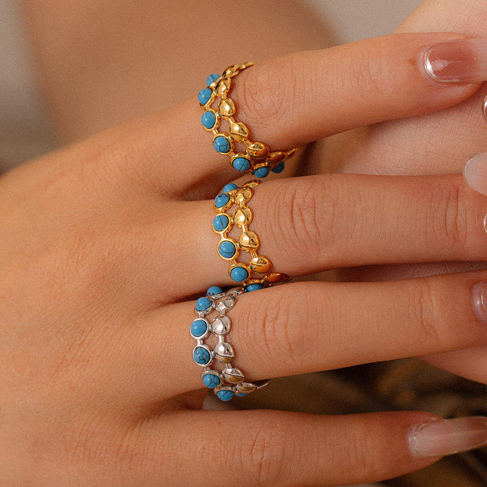 European and American fashion simple personality double-layer jewelry round brand splicing design sense inlaid with blue turquoise titanium steel open ring pp