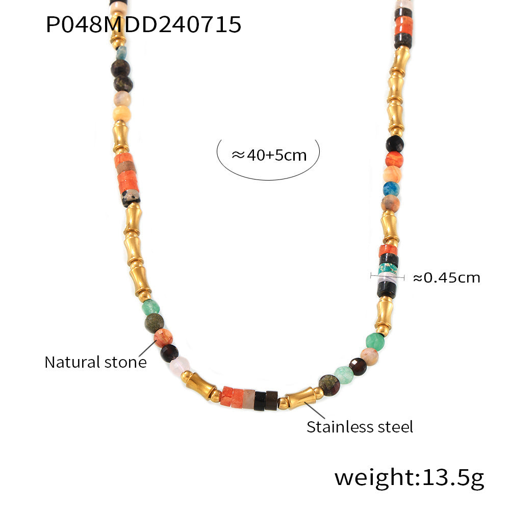 Dopamine Color Natural Stone Beaded Necklace Cross-border Simple Versatile Stainless Steel Clavicle Neck Chain