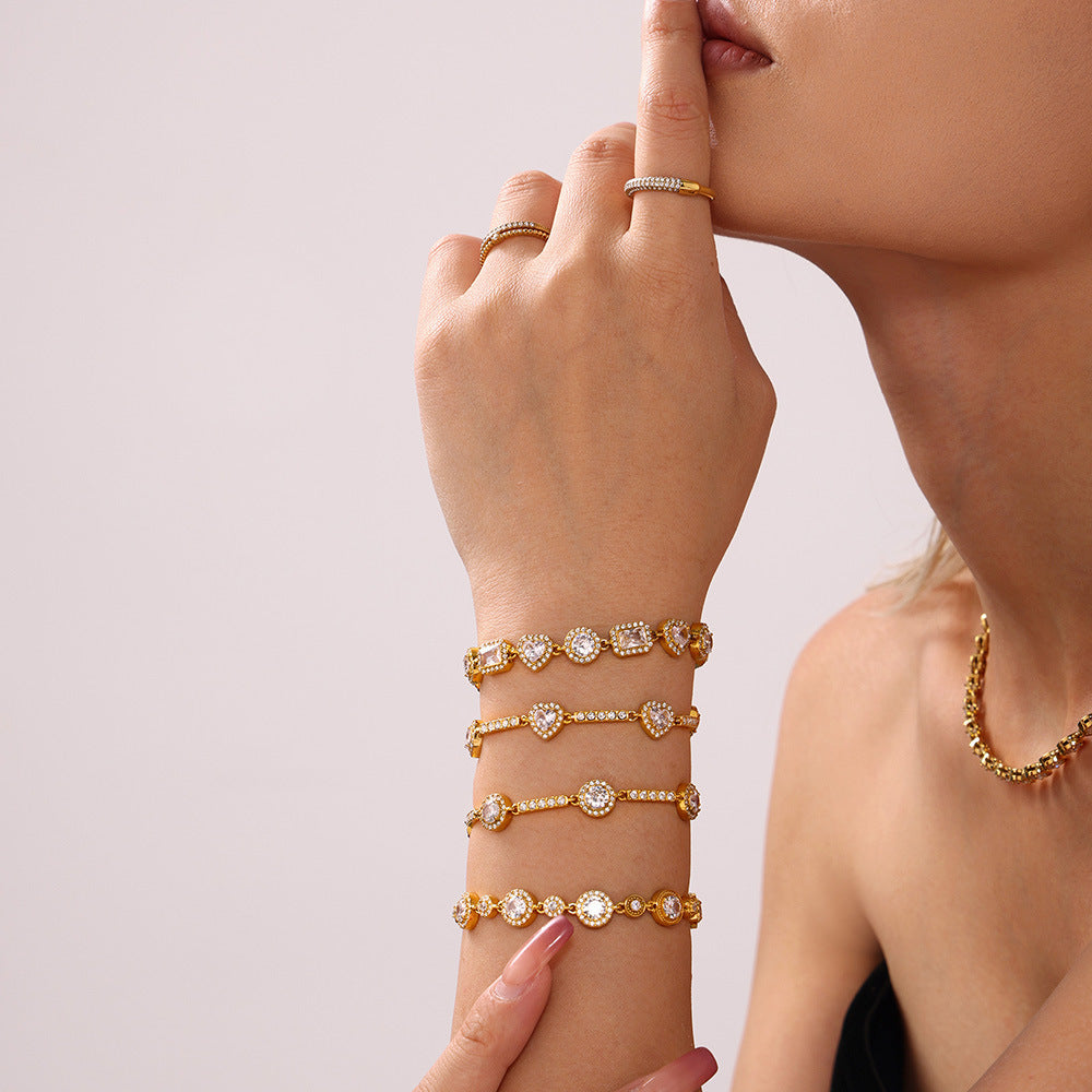 Stainless steel hand-inlaid super flash geometric zircon gypsy star bracelet combination PVD plated 18K gold color retention