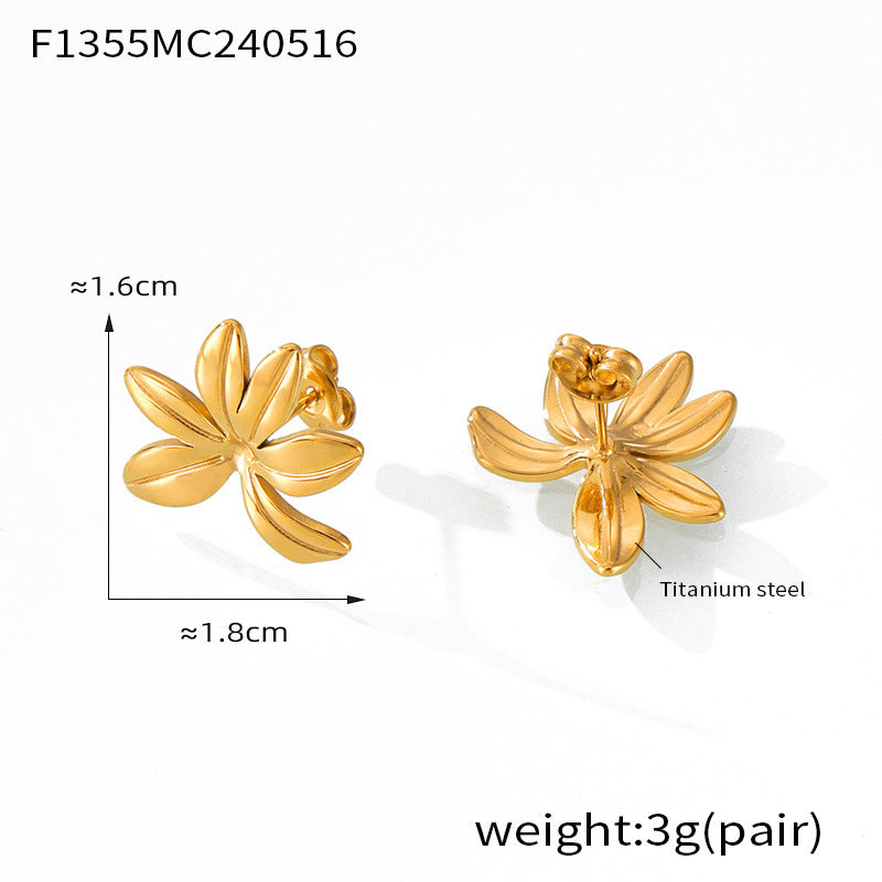Fresh and simple personality Mori jewelry geometric texture flower design titanium steel gold-plated casual style stud earrings