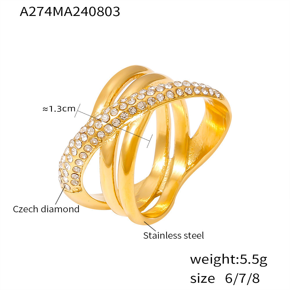 Cross-wound diamond-set ring plated with 18k real gold non-fading retro niche stainless steel ring