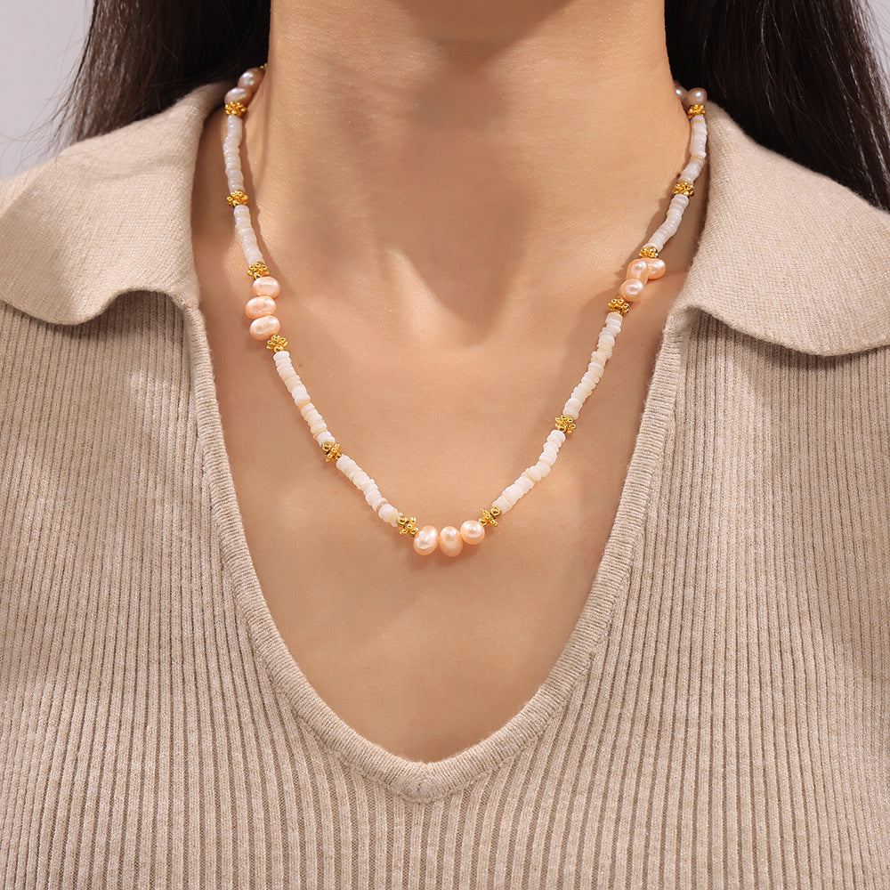 Natural freshwater pearl shell beaded necklace light luxury design titanium steel plated 18k gold collarbone chain pp