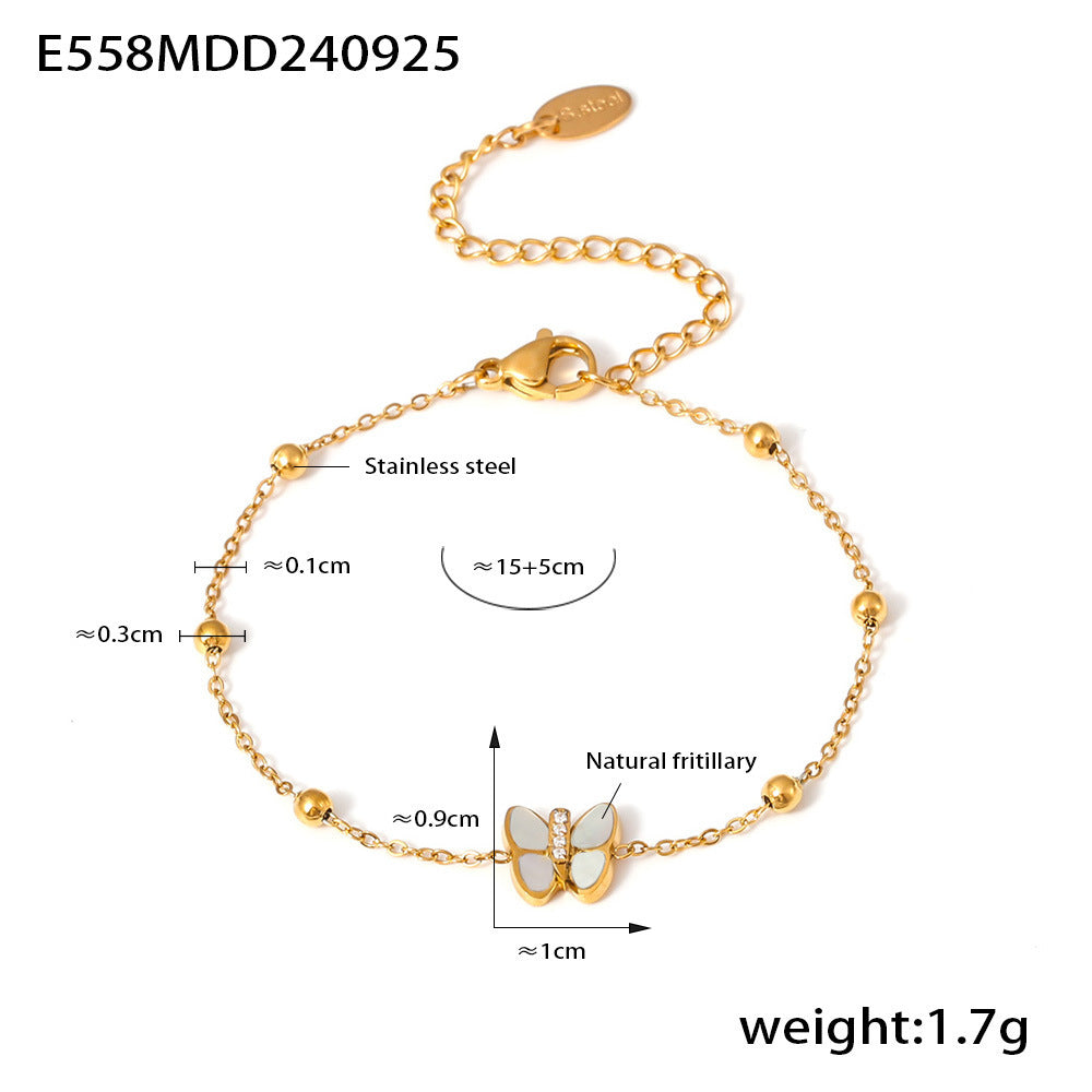 Light luxury niche butterfly bead bracelet, natural fritillary inlaid 3A zircon titanium steel plated 18k real gold, beautiful color retention women 99
