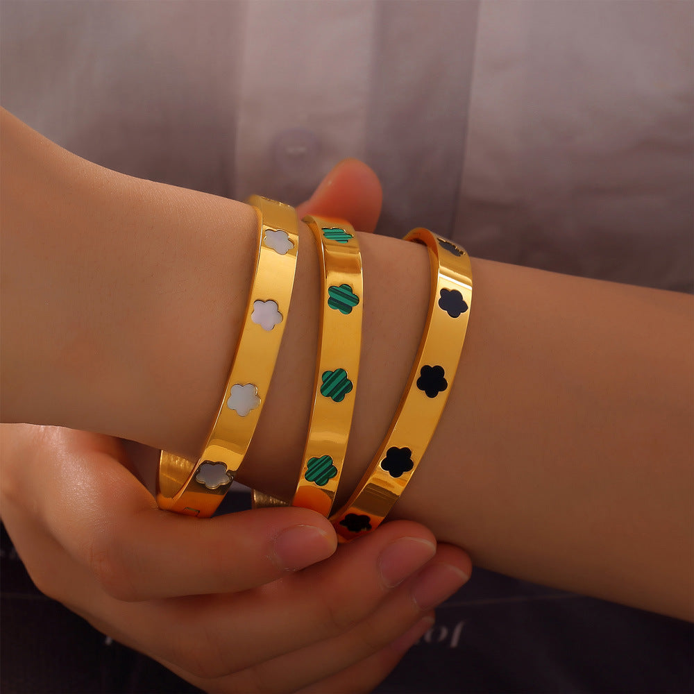 Hot-selling niche personality geometric bracelet flower shape inlaid fritillary acrylic design titanium steel bracelet pp