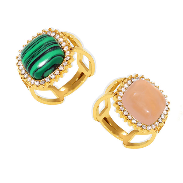 3A zircon inlaid natural stone open ring light luxury temperament titanium steel PVD electroplating color retention ring decoration spot