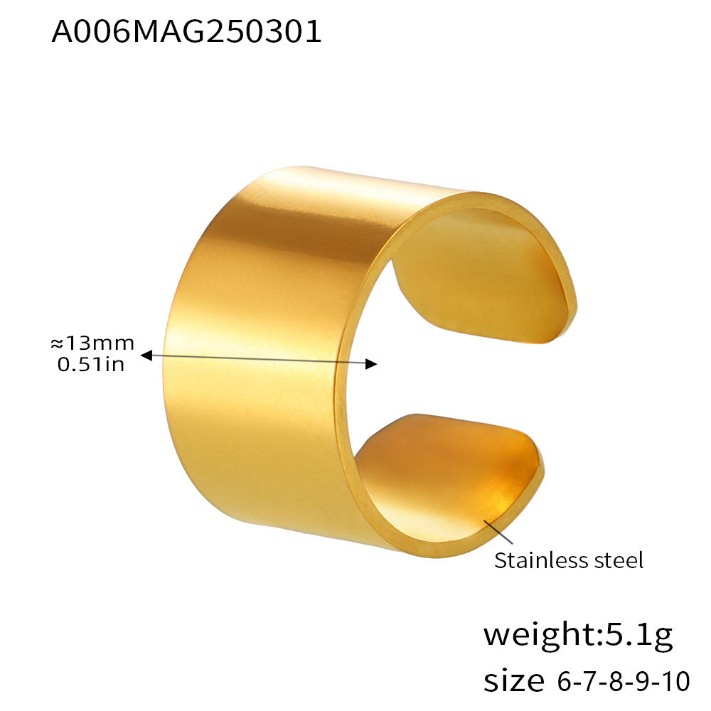 Wide version glossy ring cold wind simplicity open ring stainless steel PVD plated 18K real gold index finger ring