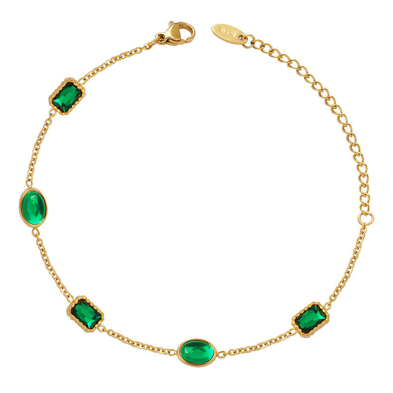 Niche design court style accessories Douyin same jewelry emerald zircon inlaid titanium steel gold-plated bracelet 99